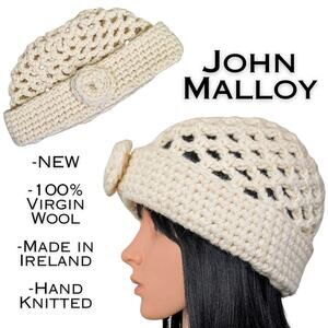 John Molloy Ireland Wool Crochet Hat Cream Open Chunky Hand Knit Center Rosette